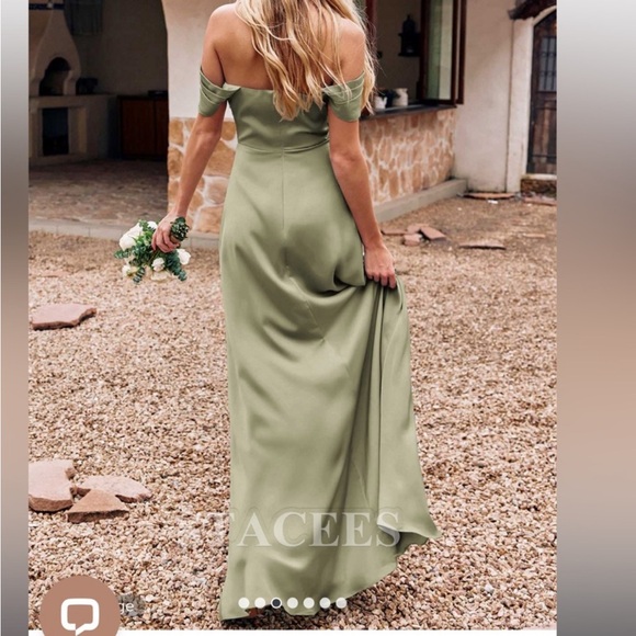 NEW WITH TAGS- STACEE Off-the-Shoulder Floor-Length Stretch Satin Dress Sz 12 - Picture 2 of 8